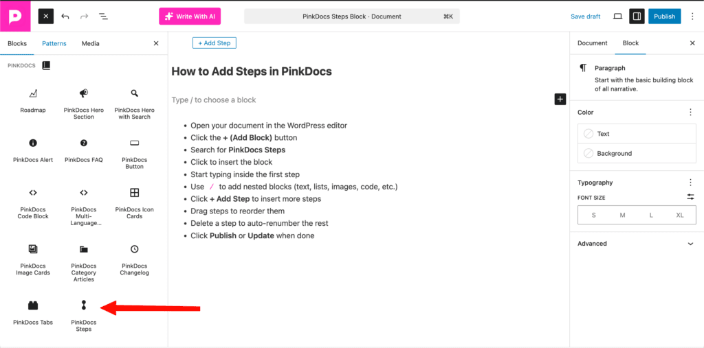 PinkDocs Steps Block